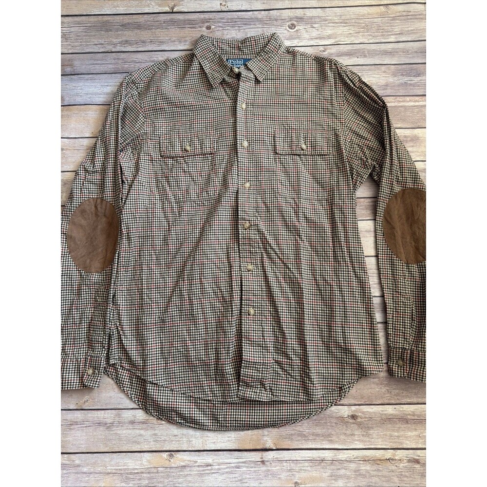 Vintage Polo Ralph Lauren Shirt Mens Large Button Up Flannel Elbow Patch Brown